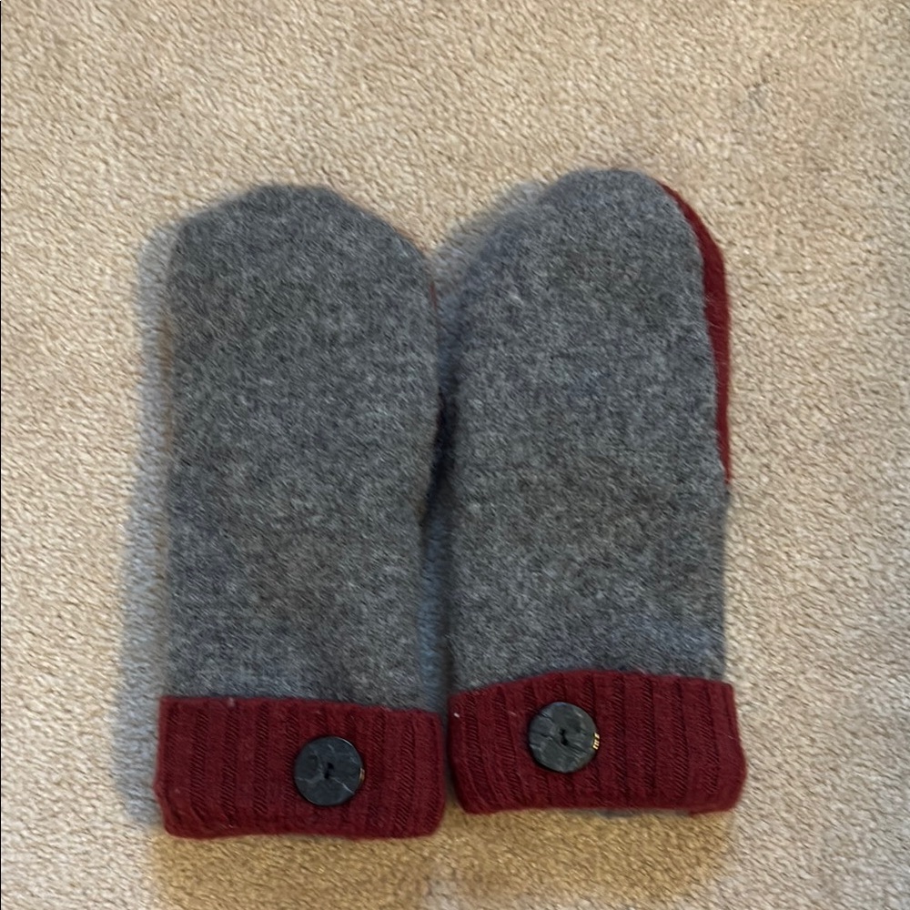 Cozy Gray and Red Mittens with Button Detail